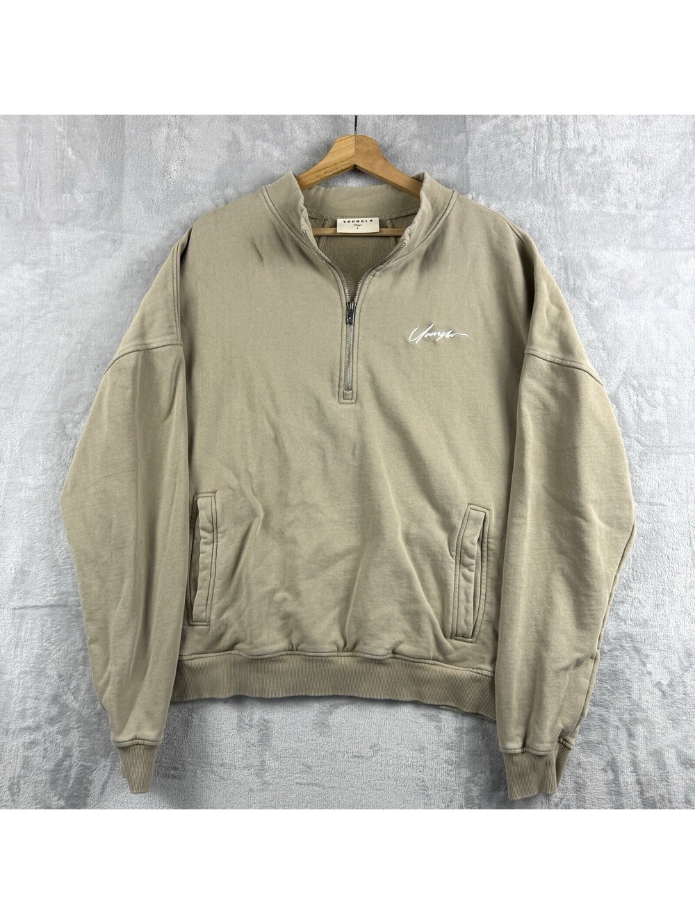 YoungLA Quarter Zip Sweatshirt Beige Fleece Pullover Mens Large Streetwear Pop